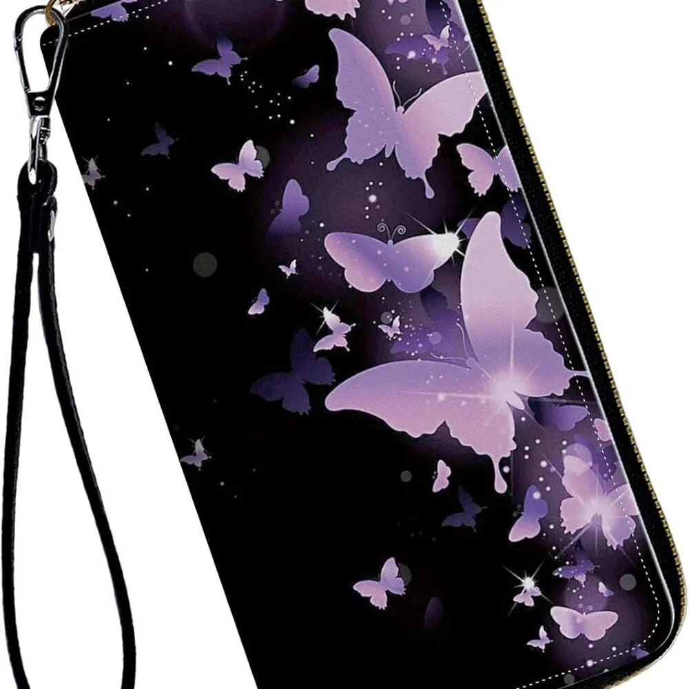 Leather Women's Wallet with Wristlet Large Capacity Card Phone Purse Purple